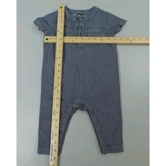 2 Tea Collection Railroad Romper Jumpsuit Baby 9-12 Month Boy Girl Blue Striped - Picture 11 of 13